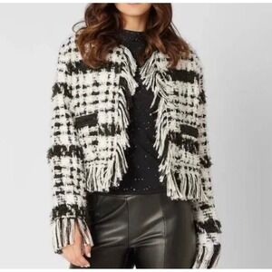 Adrienne Landau Onyx Black & White Tweed Open Blazer W/ Fringe Trim M $275